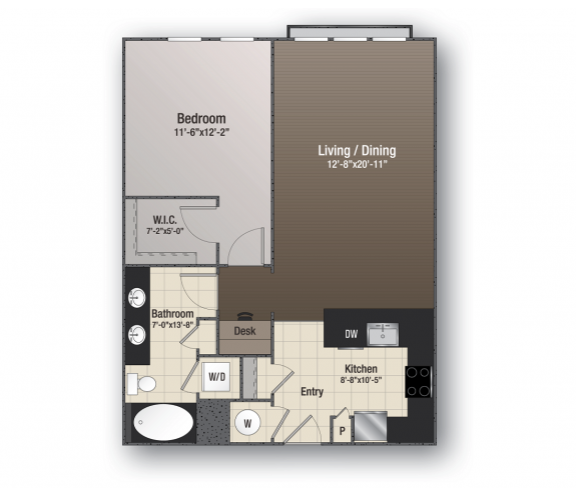 Floor plan for 1 bed, 1 bath, 900 sqft